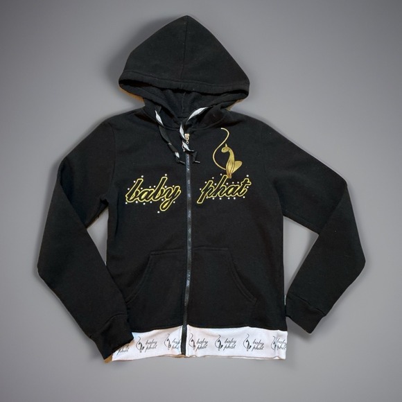 Baby Phat Y2K Black Full Zip Hoodie with Gold Logo and Cat Graphic - L - Picture 1 of 8